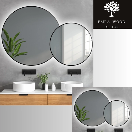 Zestaw okrągłe lustro w lustrze w ramie mdf slim z podświetleniem - DOTTI LED